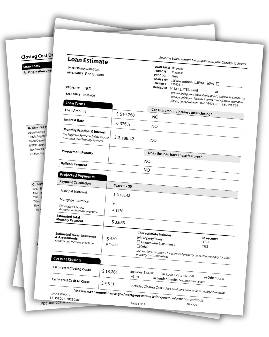 3 pages of a VA Loan Estimate fanned out